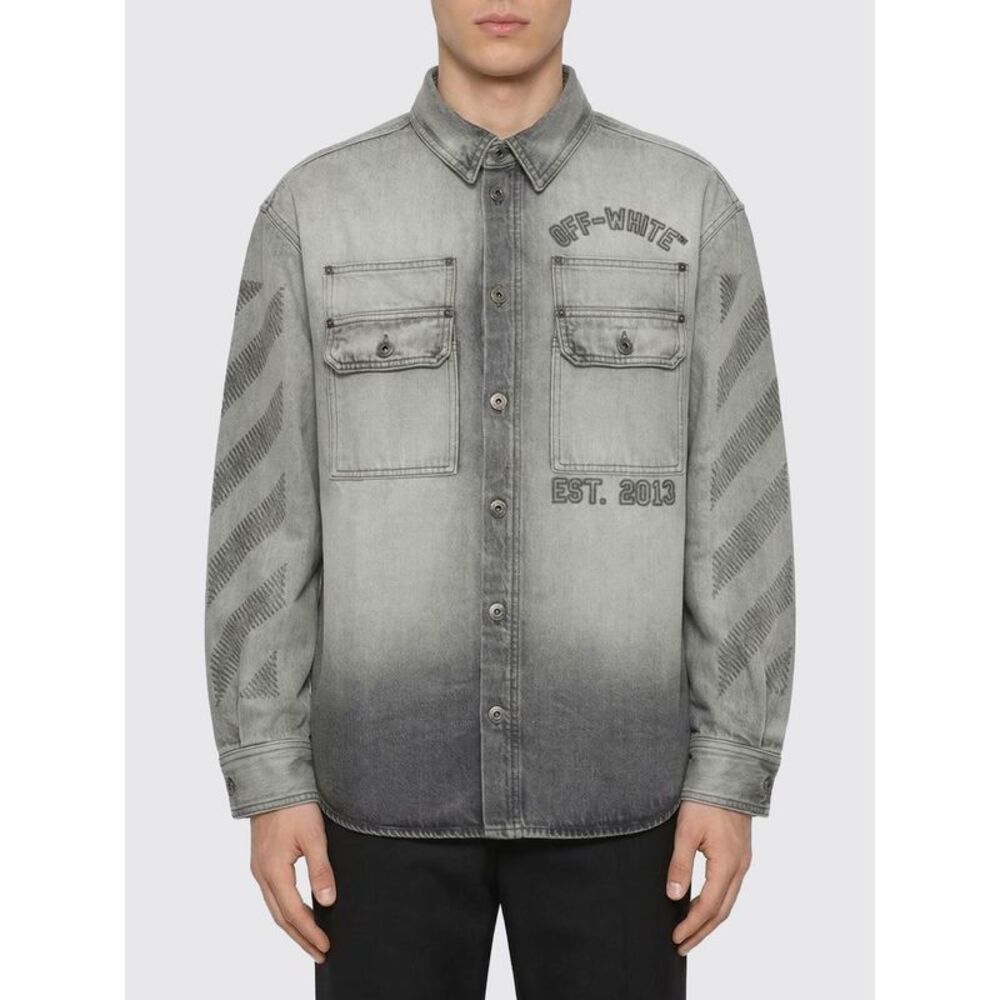 Off-White Men Off-White Cotton Denim Shirt With Logo Print